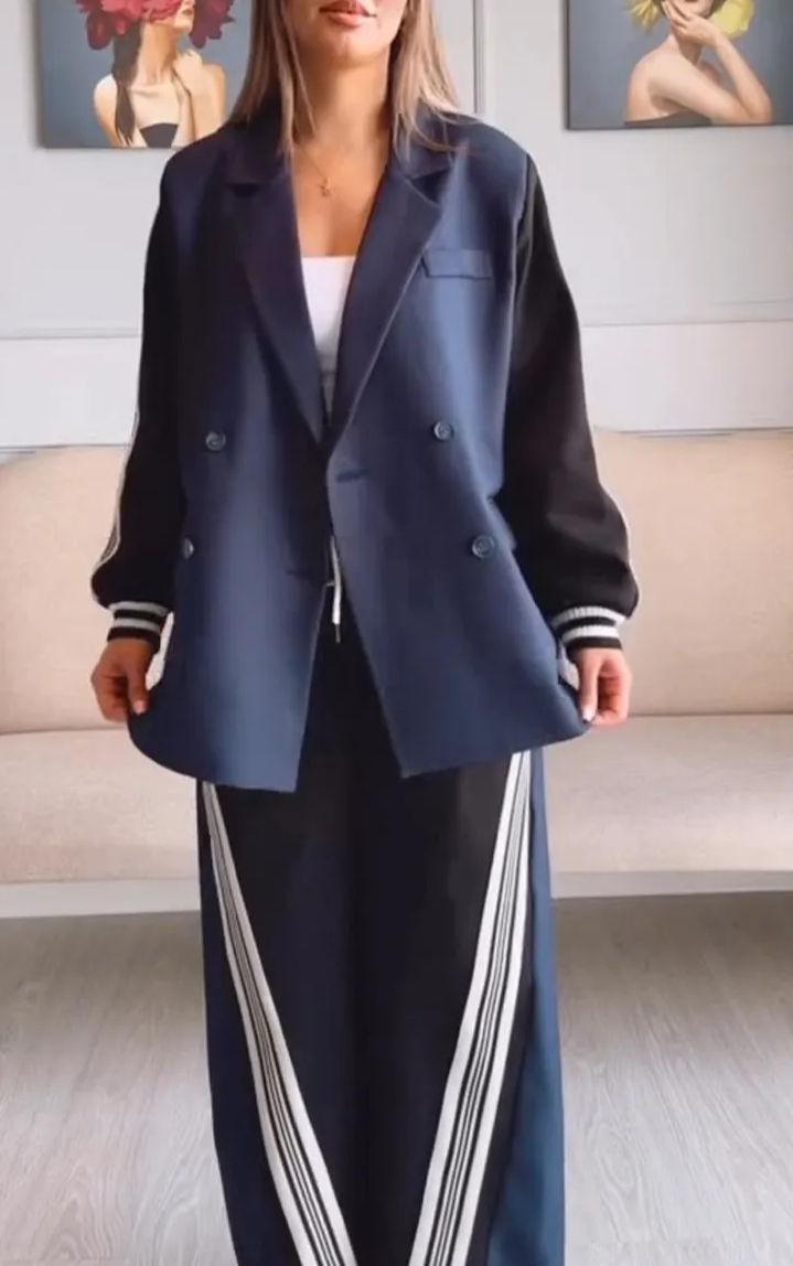 Vêtements pour femmes automne et hiver nouveaux costumes à manches longues à double boutonnage avec épissage et pantalon ample rayé costume deux pièces_voghion.com