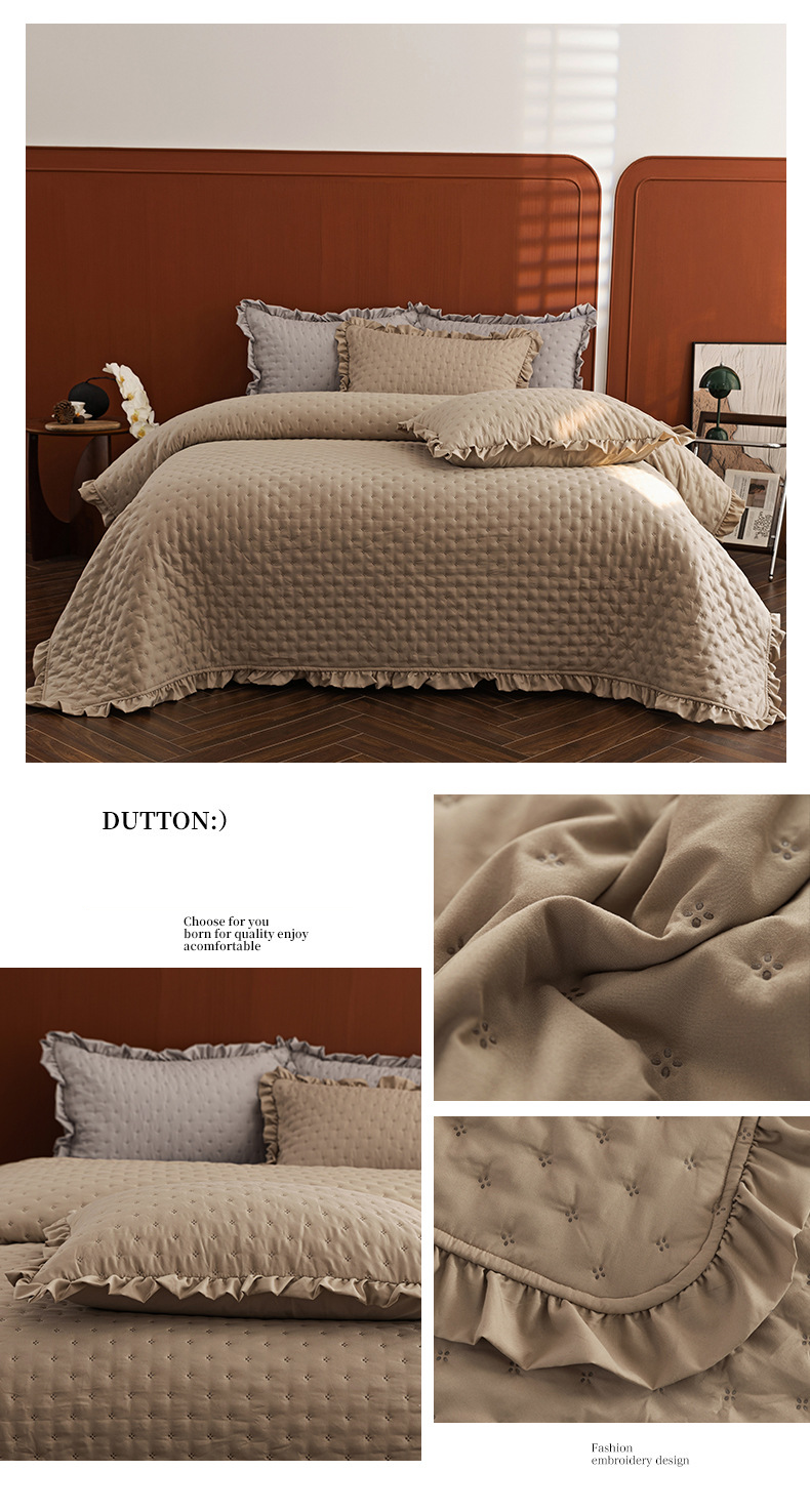 Solid Color Ultrasonic Quilted Bed Cover Three Piece Set Machine Washable Washable Cotton Ruffle Style Multifunctional Quilted Blanket Sheet_voghion.com