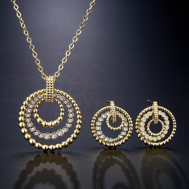 Damen-Schmuckset, Persönlichkeit, Retro, geometrisch, rund, Schmuckset, exquisites Temperament, Mikro-Intarsien-Zirkon, dreiteiliges Set_voghion.com
