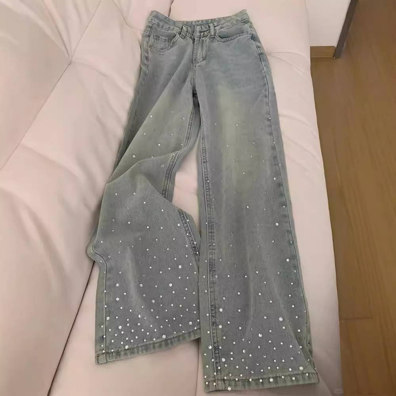 Damenbekleidung Hot Diamond Wide Leg Jeans All Match Design Hohe Taille Schlanke Gerade Hose_voghion.com