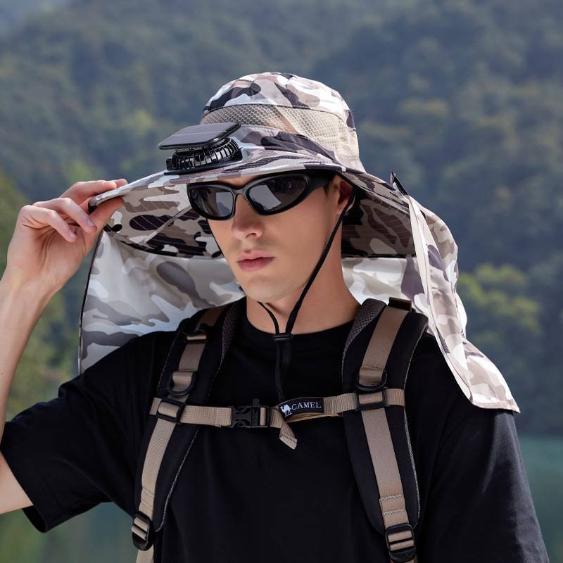 Pesca all'aperto, arrampicata in montagna, cappello da sole, ventaglio a ultrasuoni, grande grondaia con ventaglio, cappello da pescatore, scialle, protezione per il collo, cappello con protezione solare_voghion.com