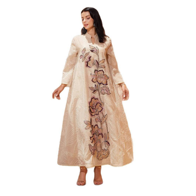 Elegantes besticktes Abaya-Kleid aus Netzstoff mit Blumenapplikation – Langärmliges, schlichtes muslimisches Kleid für Damen (Beige, M/L/XL/XXL)_voghion.com