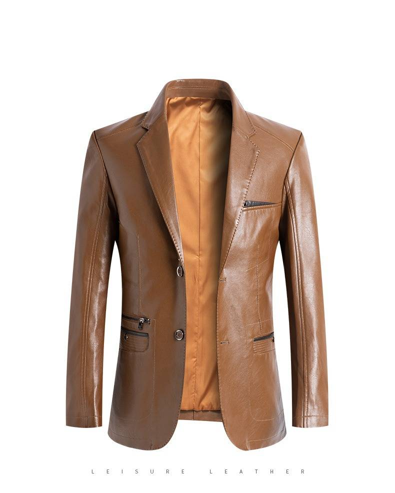 Herrenbekleidung Herren-Blazerjacke aus PU-Leder – Slim Fit Business Casual Anzugmantel mit knitterfreiem Design, mehreren Taschen_voghion.com