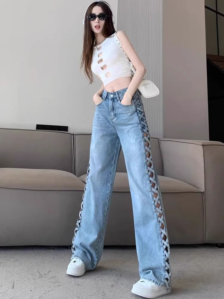 Abbigliamento da donna, design primaverile ed estivo, pantaloni sottili e versatili a vita alta lunghi fino al pavimento_voghion.com