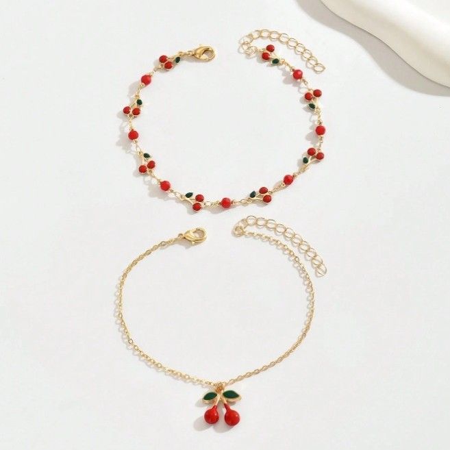 Set di cavigliere a doppio strato in stile spiaggia, con smalto colorato e frutti estivi, per donna_voghion.com