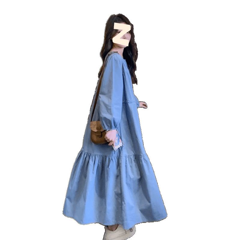 Blue Long Mermaid Plus Size For Chubby Women 150kg Spring And Autumn Loose Belly Covering Slimming Casual Maxi Dress_voghion.com