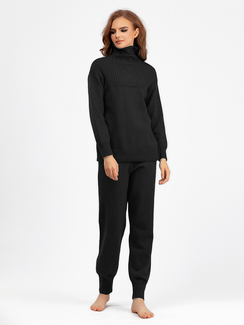 Ensemble de pantalons tricotés doux et polyvalents pour femmes, col mi-haut, pull ample décontracté, vent doux_voghion.com
