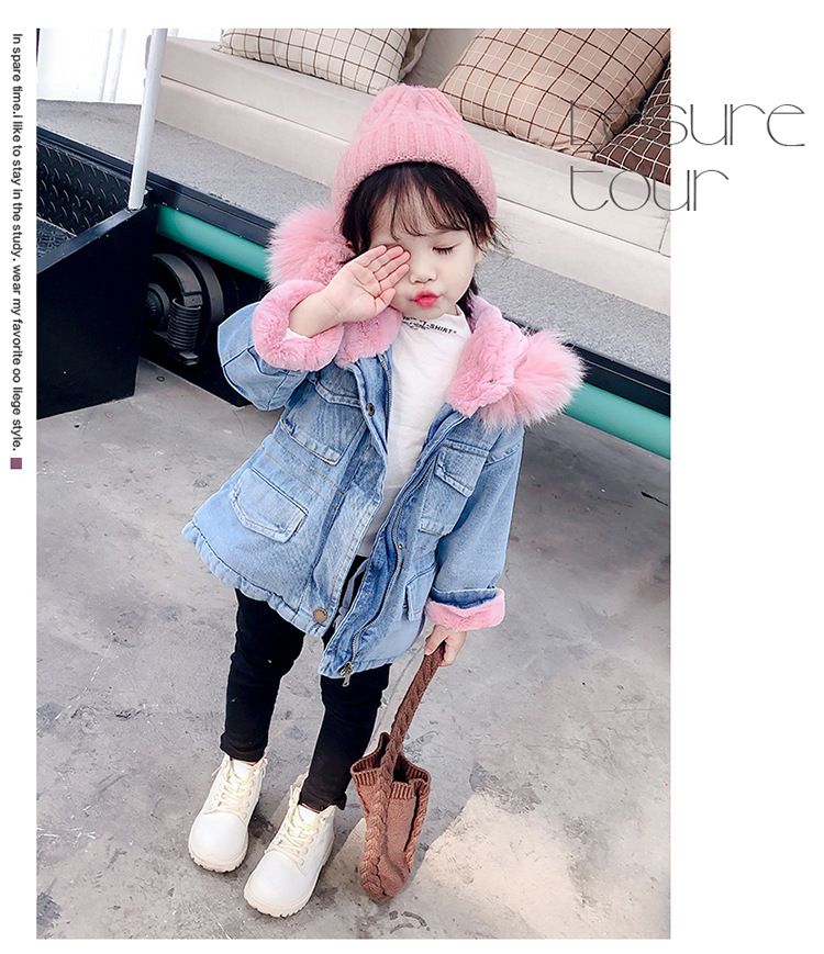 Nuovi vestiti autunnali e invernali per bambine, cappotto spesso in denim e velluto, stile coreano, cappotto in cotone con ampio collo di pelliccia per bambini_voghion.com