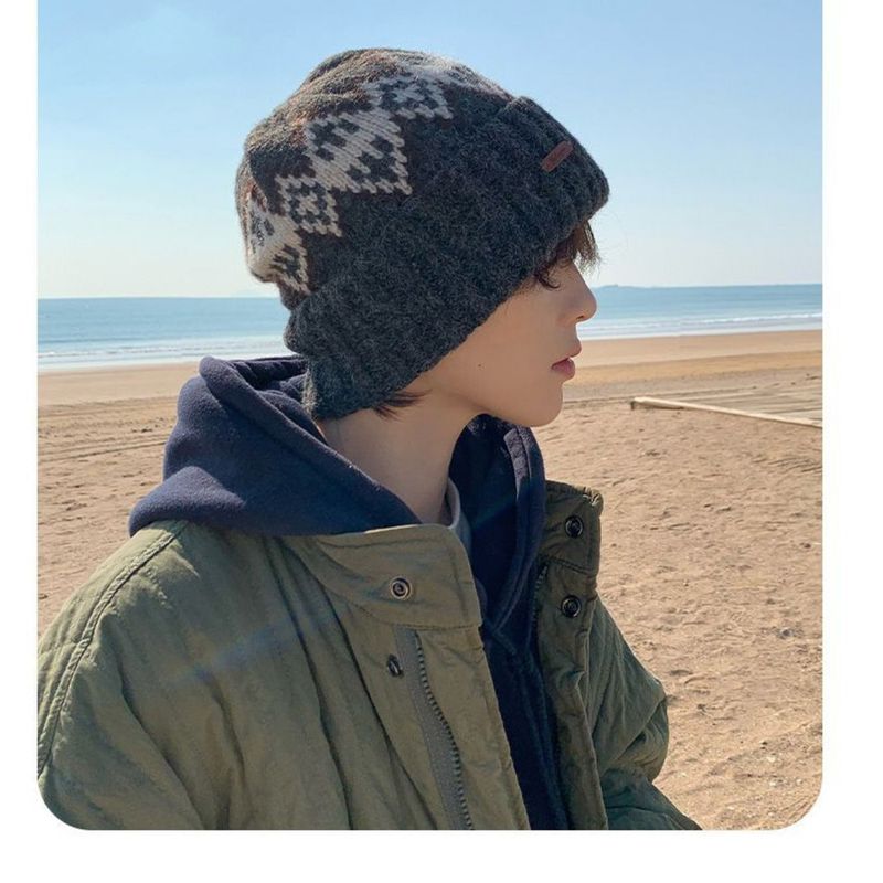 Fleece-Lined Knitted For Men Fair Isle Knit Head Wrap Black Cold Autumn Winter Men's Wool Hat_voghion.com