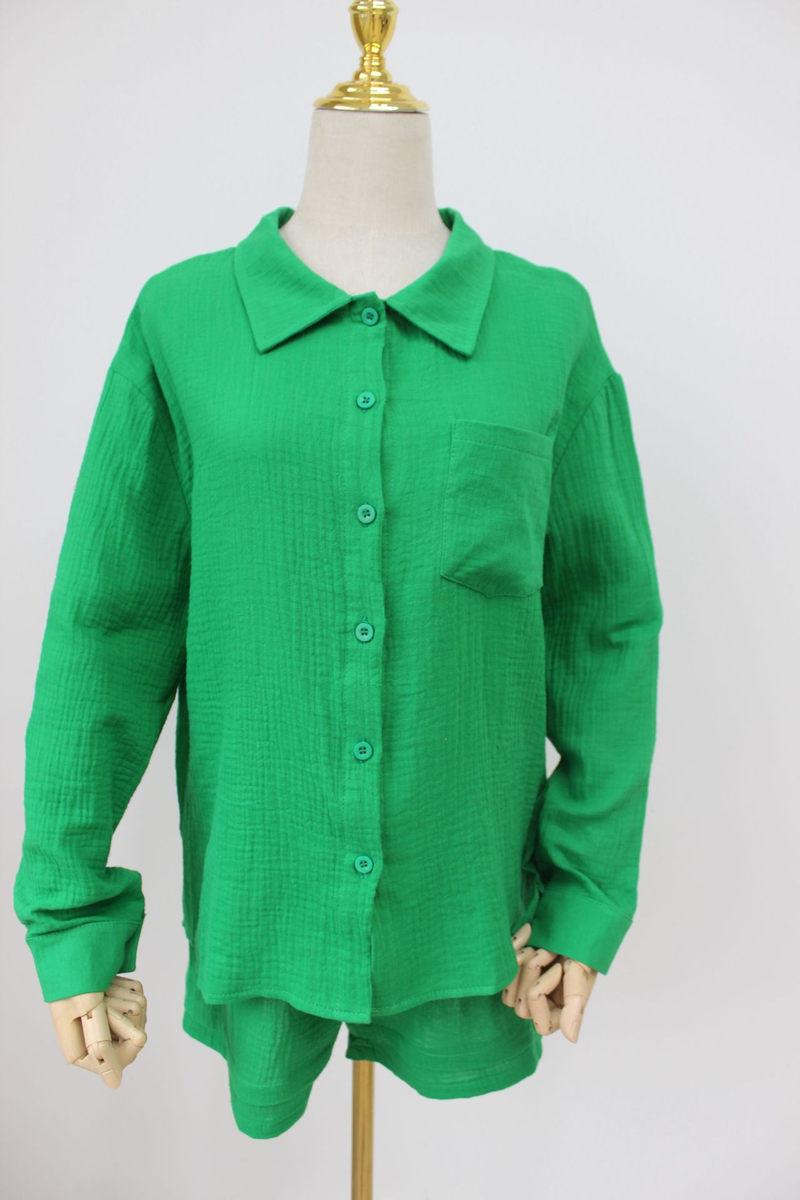 Camicia a maniche lunghe da donna, pantaloncini con coulisse a vita alta, abito casual a due pezzi_voghion.com