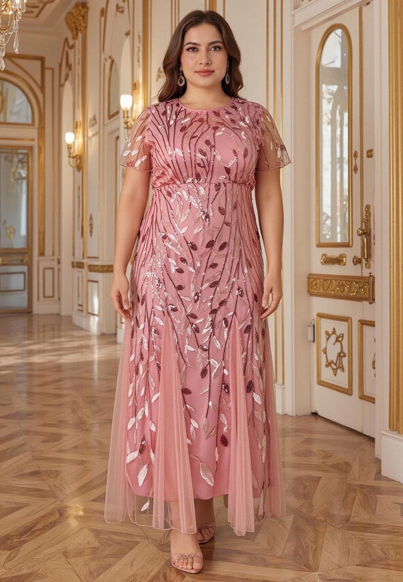 Elegante avondjurk in grote maten voor vrouwen - lange galajurk van mesh met kant en pailletten, bescheiden moslimfeestkleding (roze, 0XL-5XL)_voghion.com
