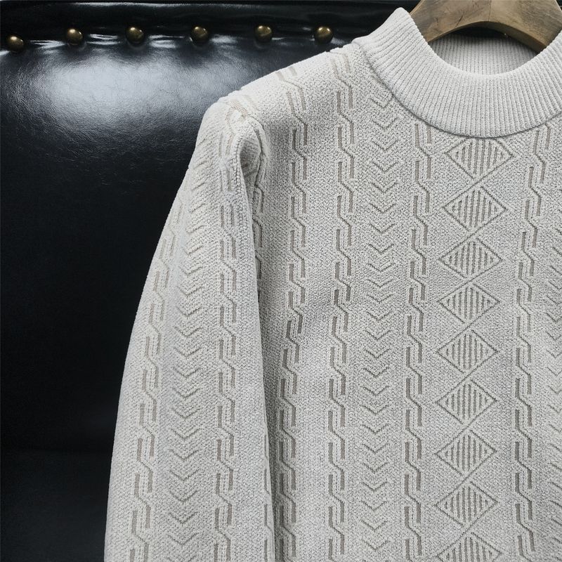 Pull en grosse maille pour homme - Pull d'hiver en maille torsadée avec col rond, manches longues, coupe oversize, blanc et beige (tailles M à 3XL)_voghion.com