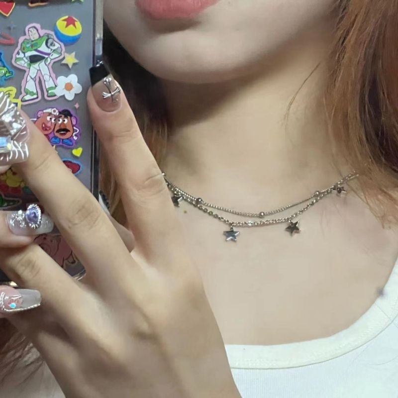 Bereit Lager Stern-Förmigen Perlen k Kette Modische Neck Schmuck Y2K Halskette Doppel Schicht Halsband Geschenk für Mädchen X3UD_voghion.com