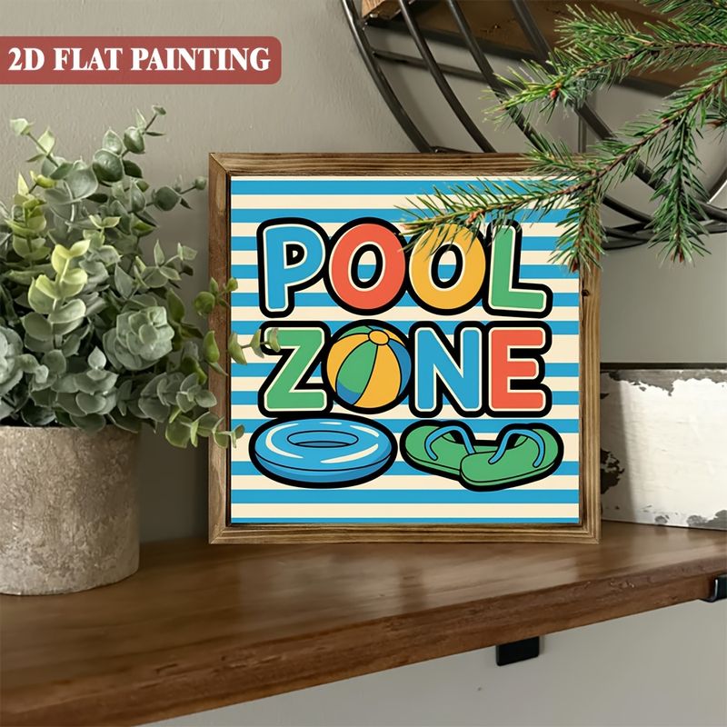 Rustikt træskilt med 'Pool Zone' - 20x20 cm livlig sommerdekoration med badetøj og klipklappere. Perfekt til verandaen, haven eller som sæsongave._voghion.com