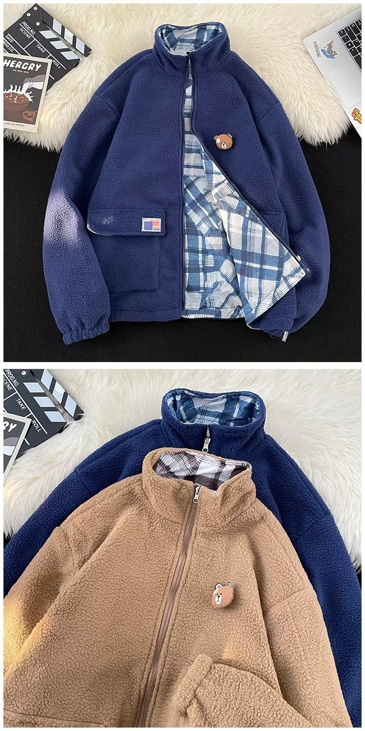 Giacca unisex reversibile in sherpa – Cappotto invernale alla moda, in tinta unita e a quadri, con collo alto e cerniera._voghion.com