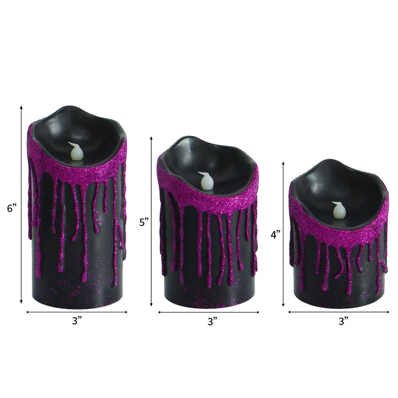 Black & Purple LED Tear-Drop Wax Candles - Flameless Flickering Lights With Timer For Gothic Decor, Church Altars & Escape Rooms (Set Of 3)_voghion.com
