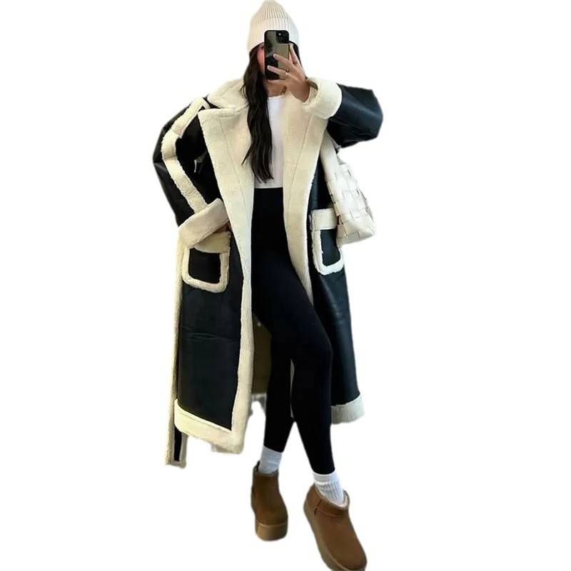 Women's Clothing Windbreaker Temperament Elegant Contrast Color Lambskin Warm Coat Long Windbreaker_voghion.com