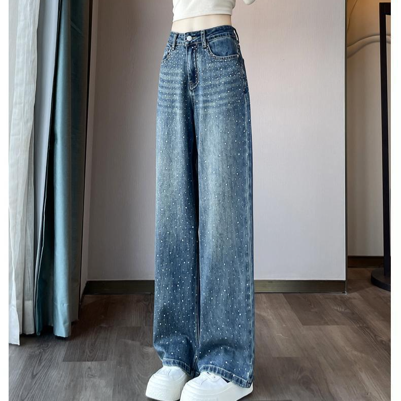 Abbigliamento da donna Jeans stretti e larghi per le donne, pantaloni dritti larghi a vita alta, design di nicchia primaverile, pantaloni personalizzati con lavaggio a caldo a forma di diamante_voghion.com