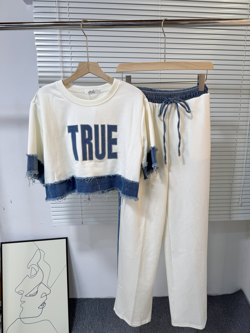 Pull court ample d'été à manches courtes, haut à jambes larges, pantalon à jambes larges, couleur contrastée, ensemble deux pièces de sport et de loisirs pour femmes_voghion.com