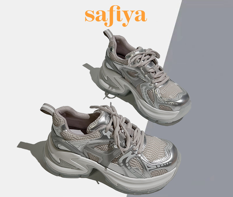 Sapatos femininos de sola grossa prateados para mulheres, primavera e verão, novos sapatos respiráveis que aumentam a altura, tendência de caminhada casual_voghion.com