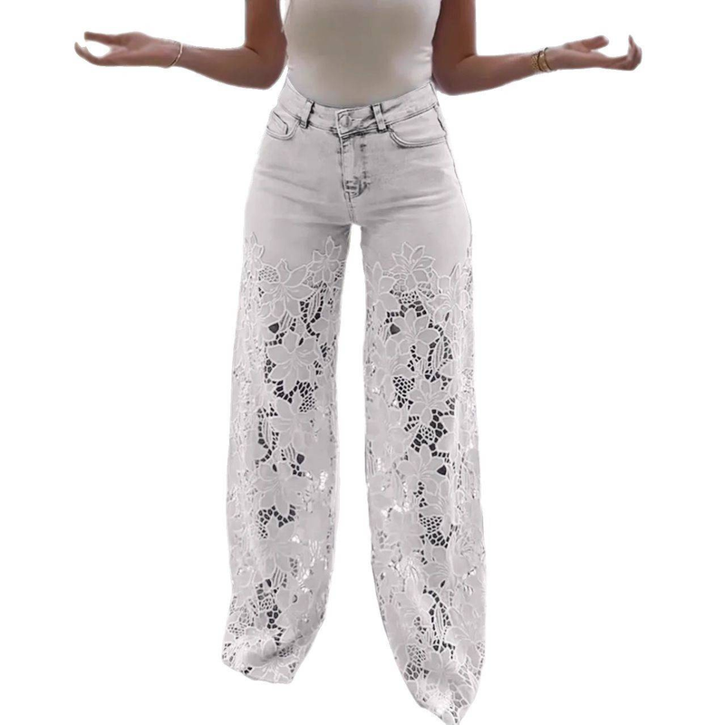 Pantaloni larghi a vita alta da donna, pantaloni in denim con bordi in pizzo, modello estivo 2025_voghion.com