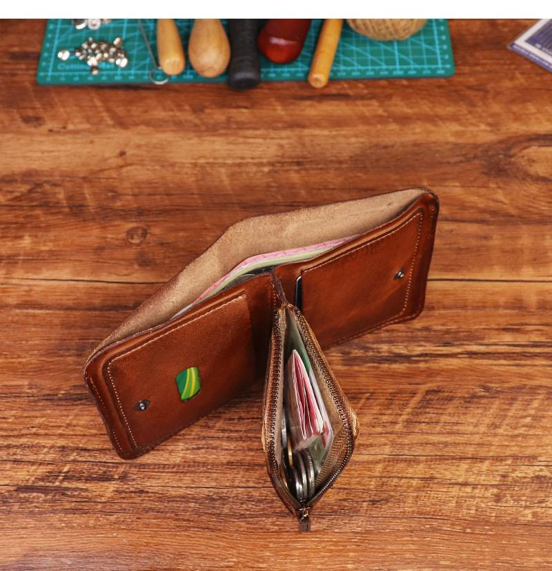 Portefeuille rétro en cuir de vachette à deux volets, à fermeture éclair courte, portefeuille en cuir de vachette antique, fait à la main et froissé_voghion.com