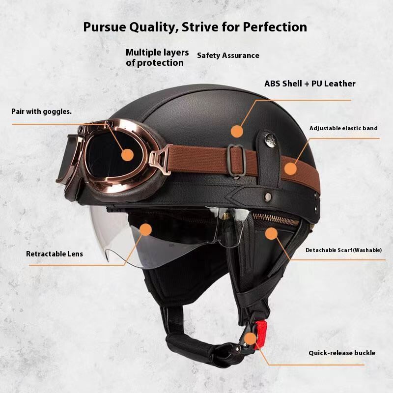 3C Certified Motorcycle Half Helmet – Retro Cruiser ABS Shell With Interchangeable Lenses (Black/White/Brown/Pink) – Handcrafted Leather_voghion.com