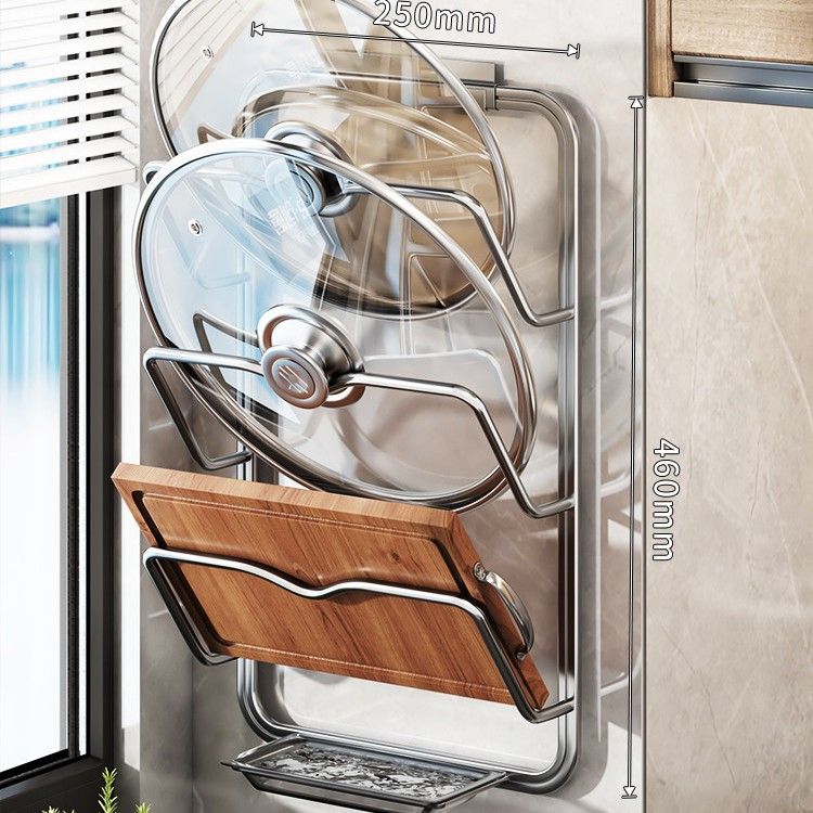 Wall Mounted Pot Lid Holder With Drip Tray - 3-Tier Space-Saving Kitchen Organizer For Cutting Boards, Cookware Lids & Utensils_voghion.com