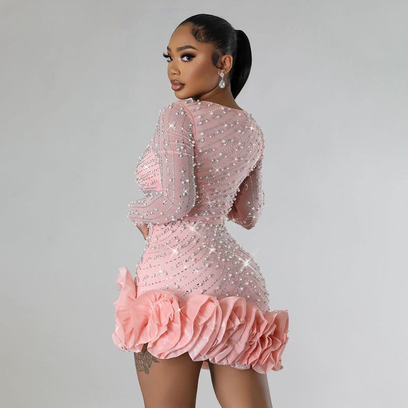 Women's Clothing Fashion Heavy Duty Hot Diamond Beading Ruffle Stitching Sexy Tight Hip Dress_voghion.com