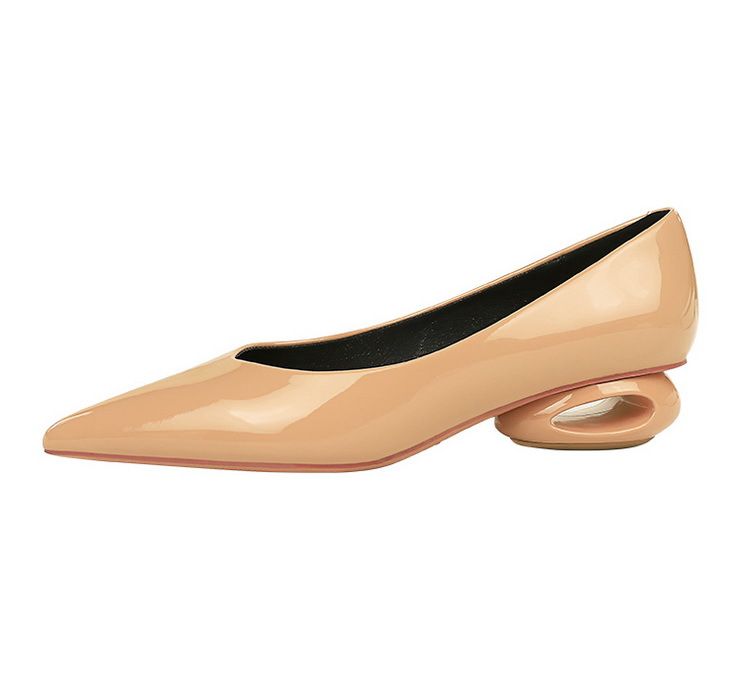 Scarpe singole da donna comode con tacco basso e punta a un pedale, in pelle verniciata, con tacco a forma speciale francese_voghion.com