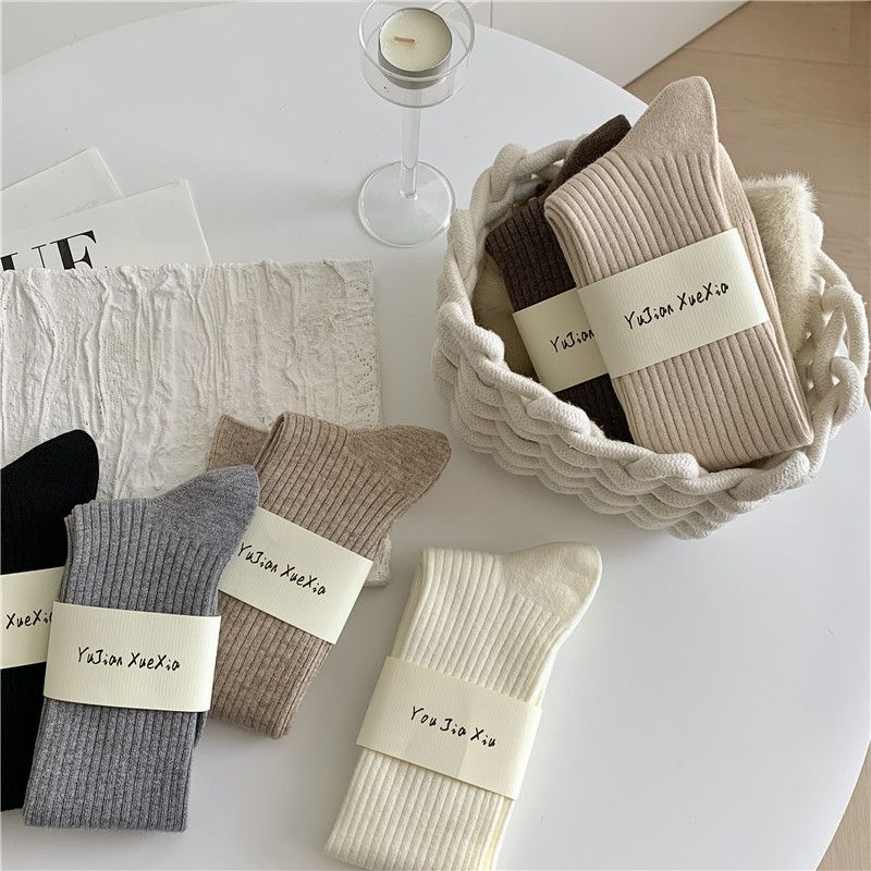 Autumn Winter For Women Double Needle Vertical Striped Wool Calf Socks Solid Color Long Tube Stacked Versatile_voghion.com