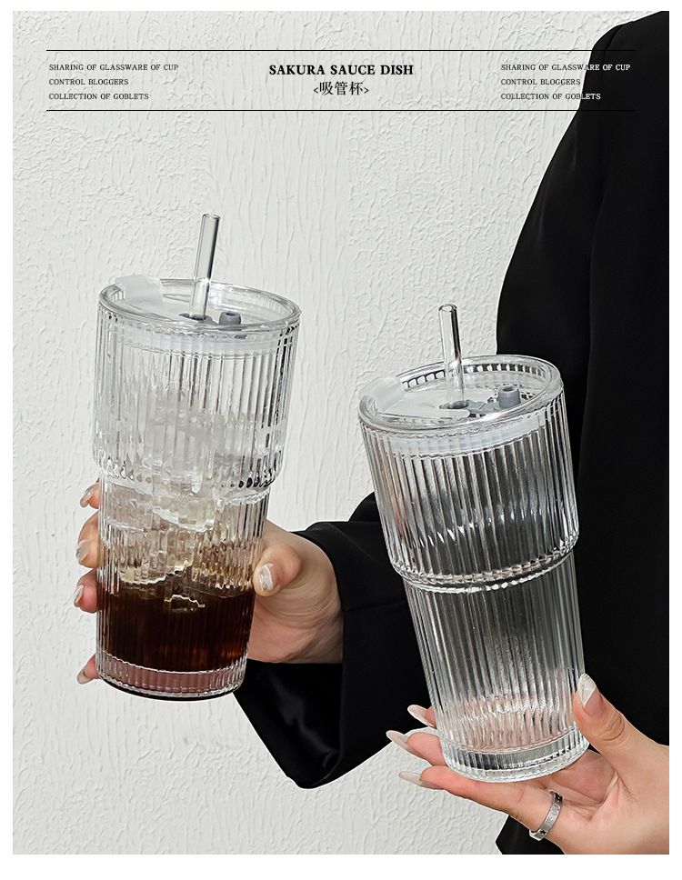 High-Quality Cold Drink Juice Coffee With Lid And Straw Vertical Striped Glass Water Cup Ins Style Large Capacity_voghion.com