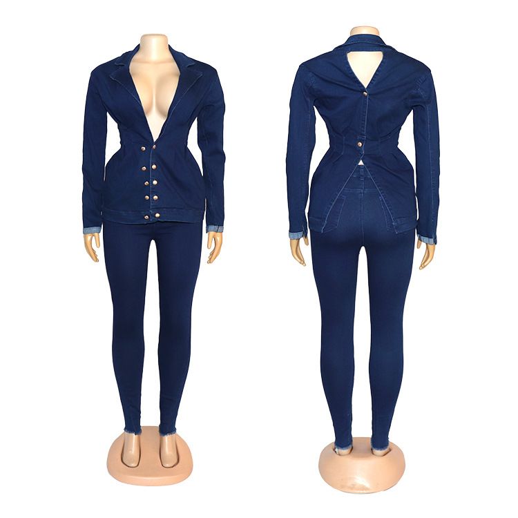Damenbekleidung, Anzug, Stretch-Jeans-Oberteil, zweiteiliges Set_voghion.com