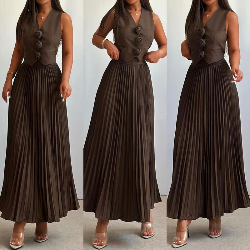 Damenbekleidung, neue Anzüge für Damen, Sommer, ärmellose Weste, halblanger, plissierter langer Rock, zweiteiliger Anzug_voghion.com