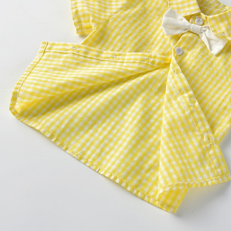 Kinderkleidung Kinderkleidung Jungen Sommer neue zweifarbige karierte Kurzarmhemd Trägerhose zweiteilige Abschlussleistungskleidung_voghion.com