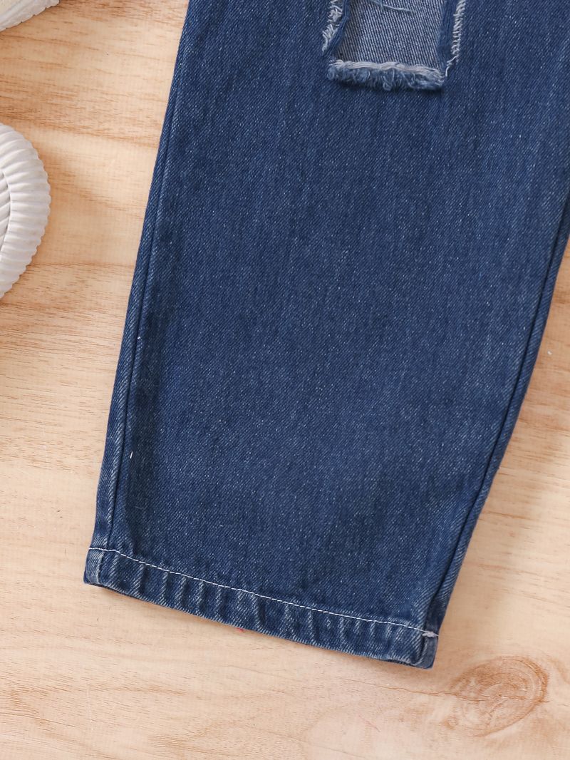 Mutter & Kinder Kinderkleidung Mädchen Sommer Pit Einfarbig Ärmellos Off Shoulder Pullover Zerrissene Jeanshose Zweiteiliges Set_voghion.com