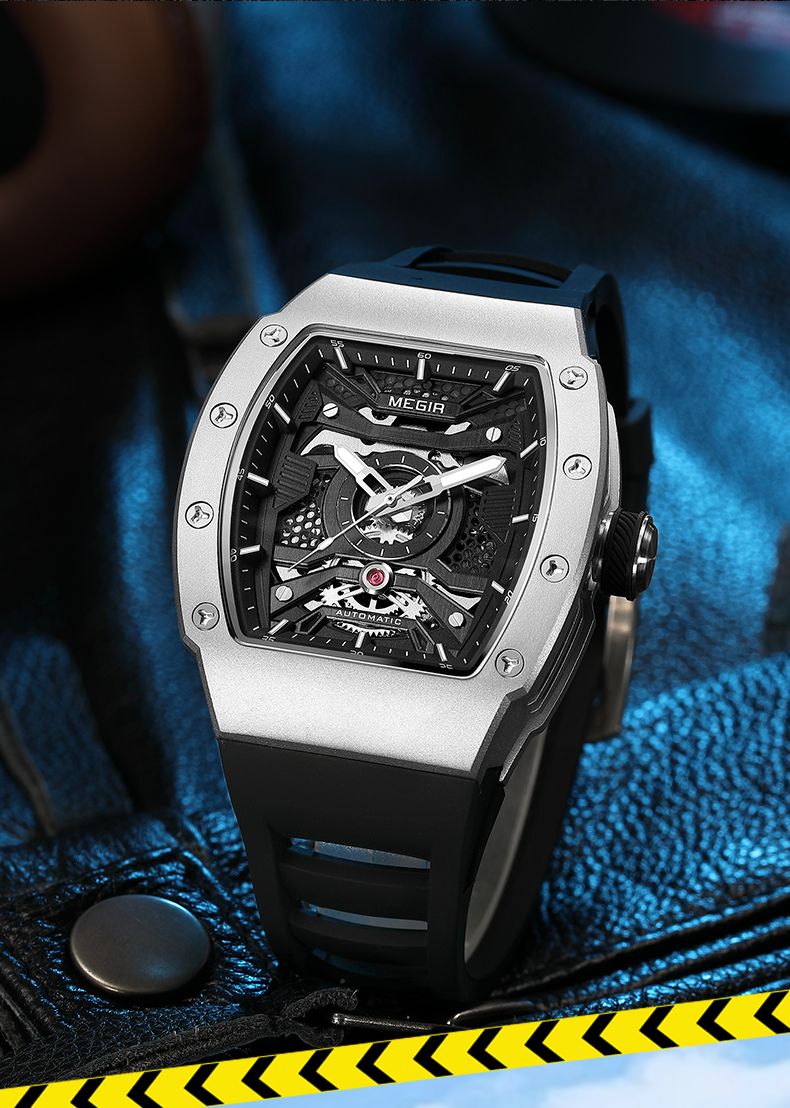 MEGIR Automatic Mechanical Watch For Men Fashion Sport Wristwatch With Stainless Steel Case Silicone Strap Luminous Hands_voghion.com