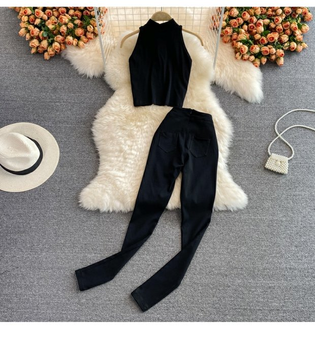 Women Sleeveless vest women's two-piece set high waisted elastic leg pants_voghion.com