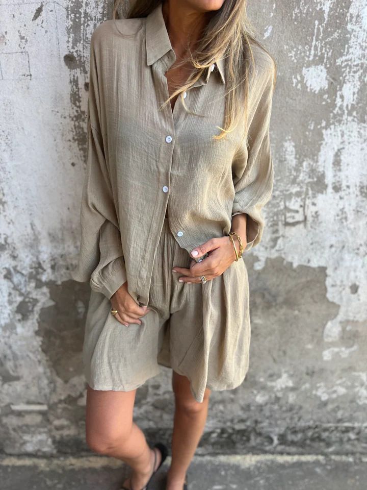 Conjunto de duas peças feminino casual de algodão e linho, cor sólida, manga comprida, camisa de tecido amassado, 2025_voghion.com
