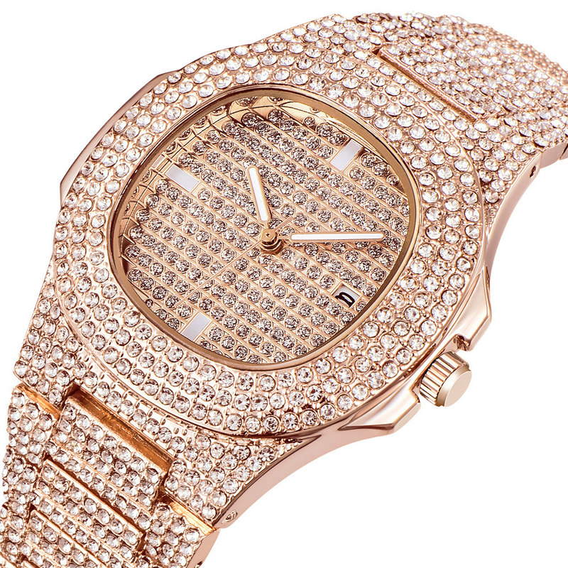 Orologio da uomo di lusso al quarzo con diamanti e data - Quadrante quadrato alla moda con cinturino in acciaio inossidabile, resistente all'acqua, funzione calendario (misure dalla 7 alla 11)_voghion.com