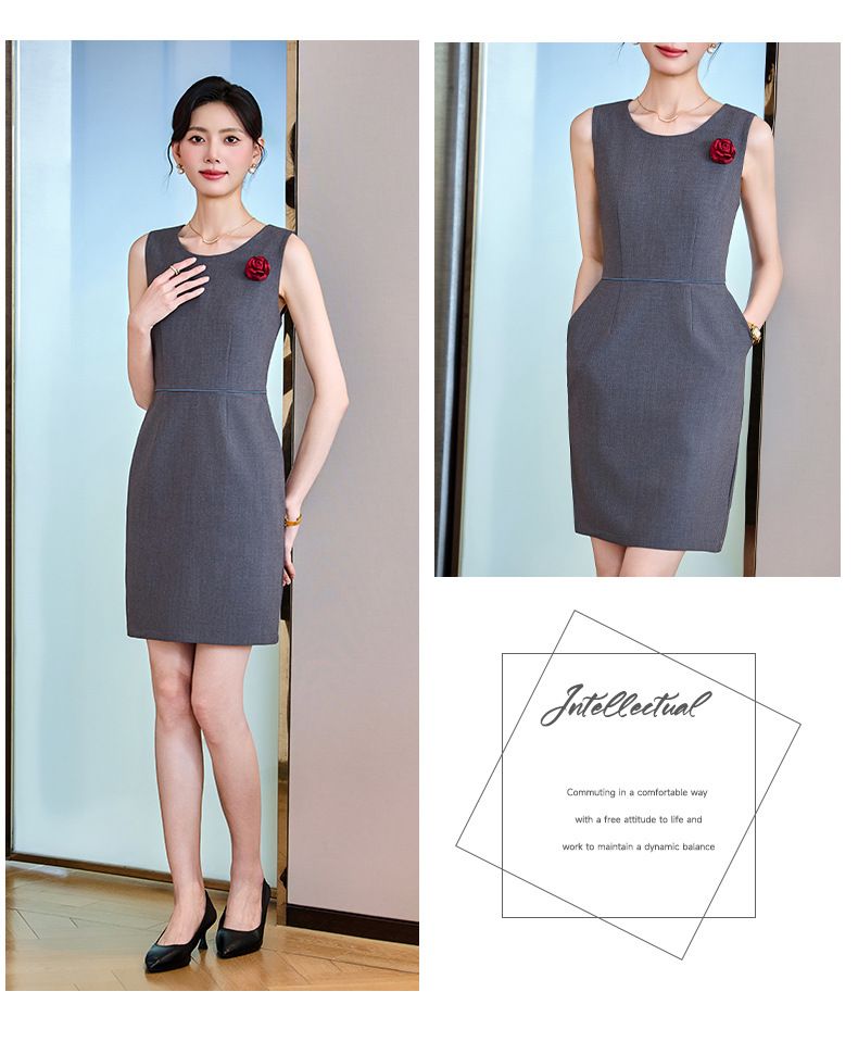 Grey Short Sleeved Suit Dress, Women's Summer New Style, Hotel Manager, Front Desk Reception, Jewelry Store Sales_voghion.com