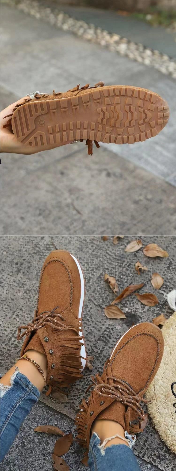 Large size short for women, new autumn and winter 2024 suede lace up flat bottom fringed boots_voghion.com