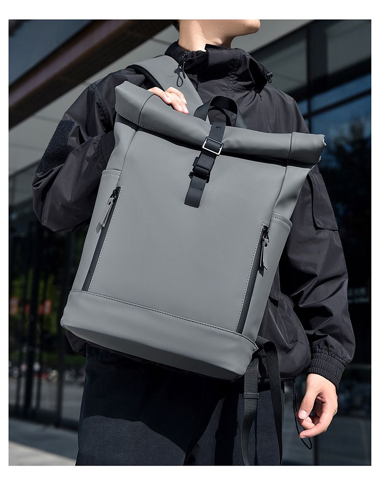 Unisex Waterproof Backpack With Roll Top – Lightweight Laptop Backpack For Travel, Commute & College – 35L Capacity, PU Material, Cushioned Straps_voghion.com