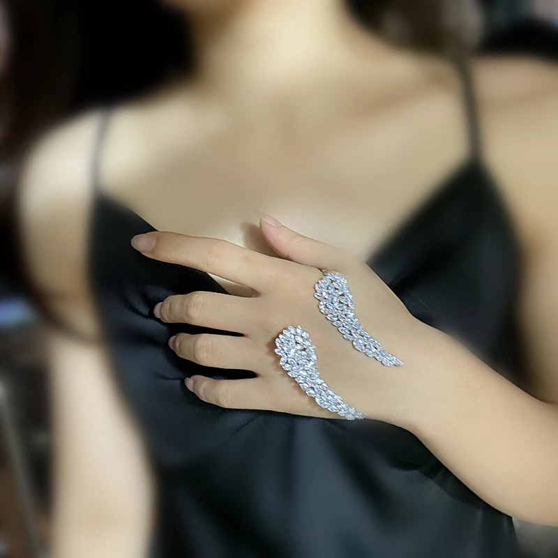 Pulseira de cristal com folha de planta, bracelete de mão e palma, cor prata, zircônia cúbica AAA, pulseira de punho, joias de baile, alças para mulheres_voghion.com