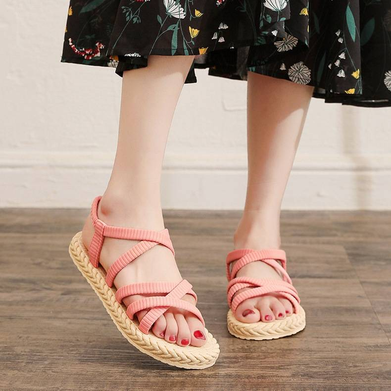 New Sandals for Women's Imitation Grass Knitted Tourism Hemp soled Sandals with Korean Trend Outgoing Flat Bottom Beach Sandals_voghion.com