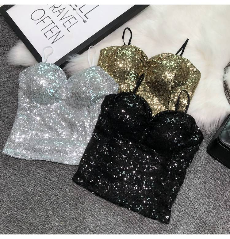 Abbigliamento da donna Cintura sexy Reggiseno imbottito Capispalla Bretelle Paillettes Intimo Corto Top da night club_voghion.com