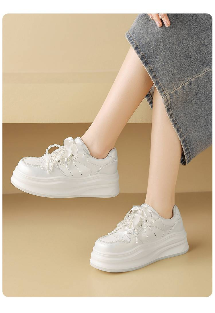 Cameido Donna Primavera 2025 Suola Spessa - Sneakers Bianche Con Perle E Fiocchi, Scarpe Slip-On Con Plateau Per Ragazze Minute, Design Alla Moda_voghion.com