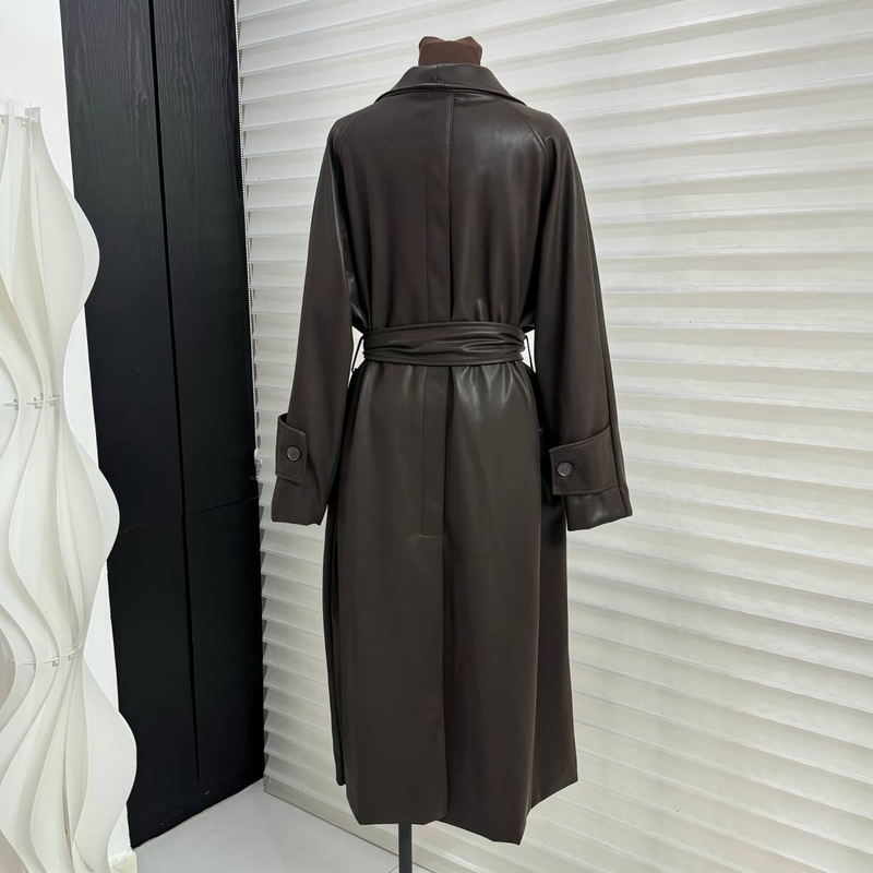 Dame lang motorcykel snøre Slim Pu læderfrakke Trench Coat_voghion.com