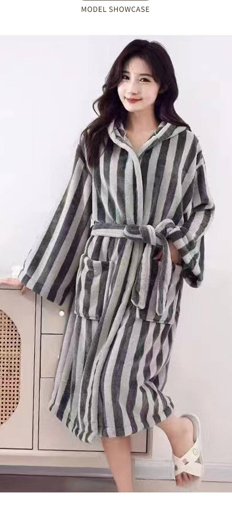 Mikro Polar Kapşonlu Bornoz Peluş Uzun Spa Bornozu Emici Bornoz_voghion.com
