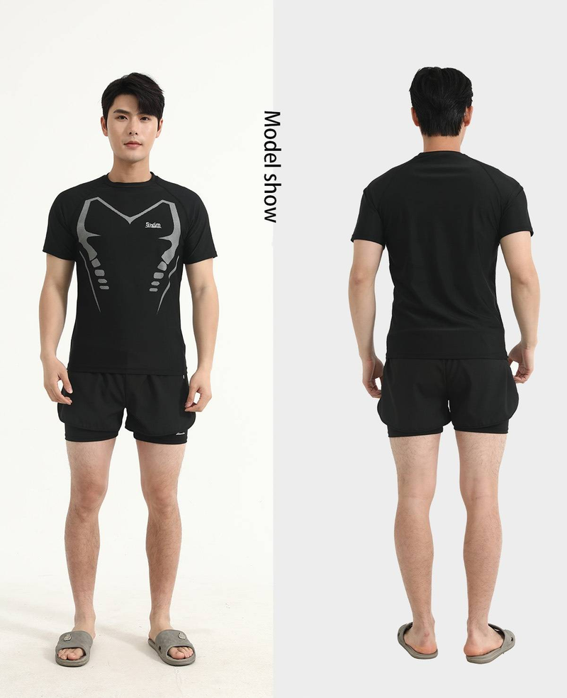 Traje de baño de dos piezas para hombre, de manga corta, con protección solar, de secado rápido y para entrenamiento de natación de talla grande para adultos._voghion.com
